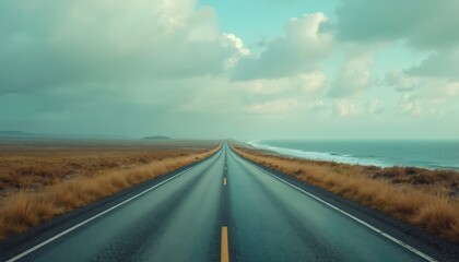 Long asphalt road stretches into distance across vast landscape. Grey clouds cover sky above rolling hills and ocean shore. Lone highway leads towards horizon offering sense of adventure and freedom.