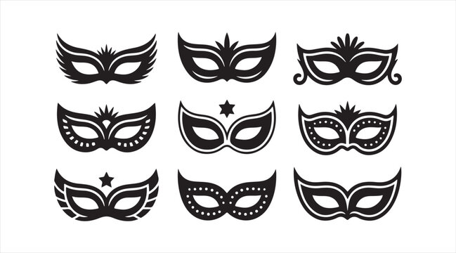 Set of decorative masquerade mask silhouettes for carnival, party, and costume celebration artwork