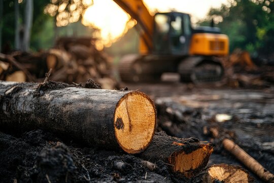 A logging site showcasing freshly cut trees and heavy machinery, reflecting the challenges and controversies surrounding logging and land management practices.