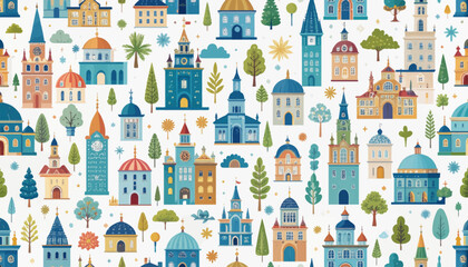 Seamless pattern of colorful fairytale town buildings