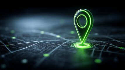 A glowing location marker placed on a digital map illustrating navigation, destination identification and modern geolocation technology.
