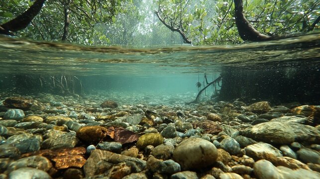 Split view of a riverbed, half submerged with clear water, river stones and mangrove roots