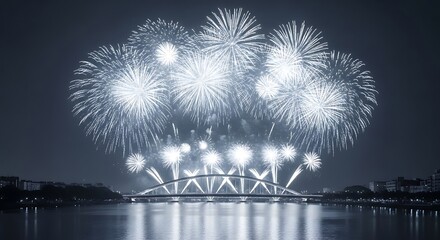 Spectacular fireworks explode above modern bridge over calm river