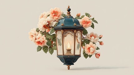 Elegant vintage lantern surrounded by blooming flowers high resolution picture
