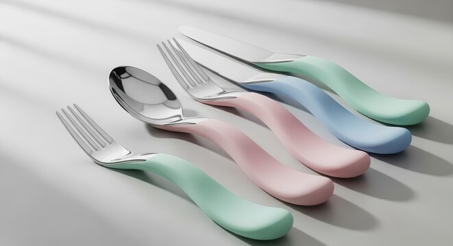 Curved ergonomic eating utensils display soft pastel colored handles in a row