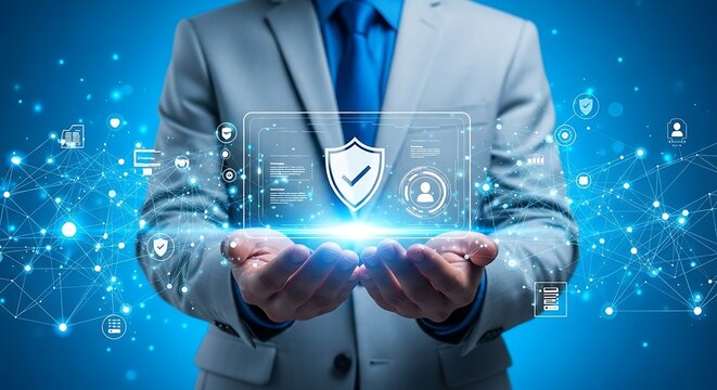 Businessman holding digital shield cybersecurity data protection and network security concept