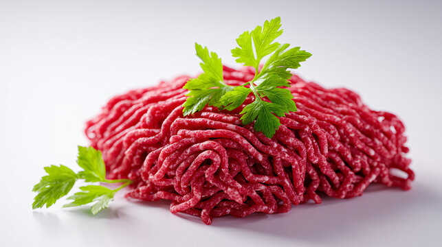 Fresh raw minced beef with parsley garnish isolated on white background