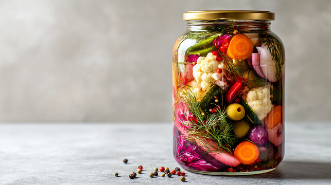 Jar of colorful mixed pickled vegetables preserved on a gray surface - Powered by Adobe