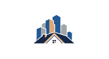 Modern real estate logo featuring a house roof in front of a city skyline with various buildings and skyscrapers.
