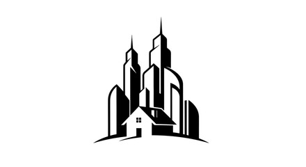 Minimalist black and white logo of a residential house against a modern city skyline.