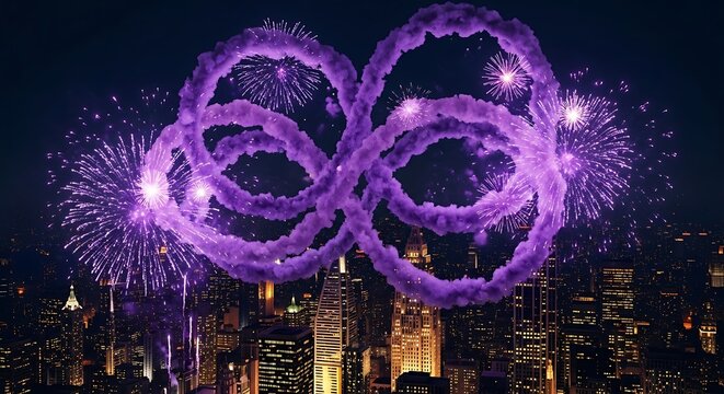 Purple fireworks illuminate night city skyline with abstract smoke trails