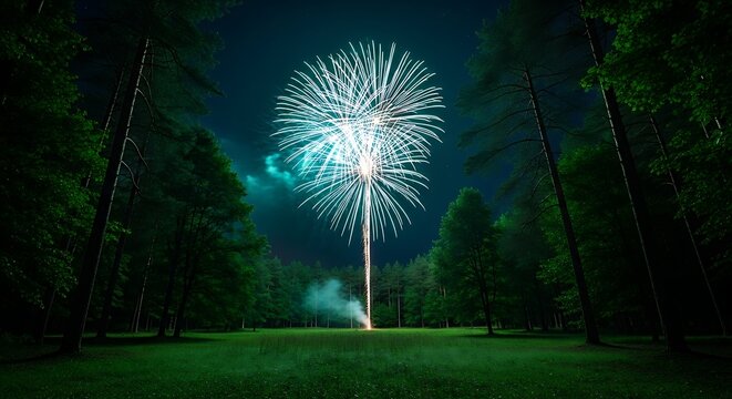 Vivid blue fireworks light up a quiet forest clearing at night