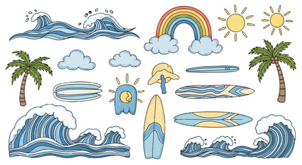 Collection of hand-drawn illustrations featuring ocean waves, rainbows, and surfboards, perfect for summer designs.