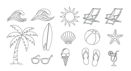 A collection of black and white line art icons representing summer, beach vacations, and tropical holidays.