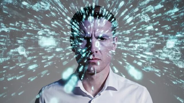Conceptual animation showing a professional man's head exploding into a cloud of binary code, symbolizing digital chaos, burnout, information overload, stress, and mental health issues