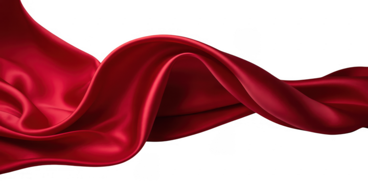 Flowing red silk fabric with soft folds isolated on a transparent background