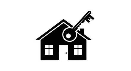 Black and white illustration of a house with a key, symbolizing home ownership and real estate.