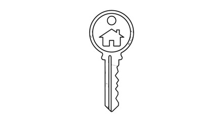 A simple black and white line drawing of a house key with a house symbol on its head.