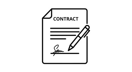 A black and white line icon of a contract document with a signature and a pen for signing.