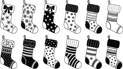 Black and white Christmas stockings set with festive winter patterns, holiday decorative designs, seasonal illustration collection for print