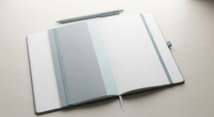 Open notebook with blank pages and a slim writing instrument resting on a pale surface