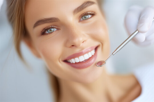 Close-up of woman receiving dental care with bright smile, showing healthy teeth, professional treatment and clean modern clinic environment. - Powered by Adobe