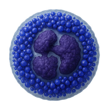 Lobed nucleus basophil with dense blue-purple granules.