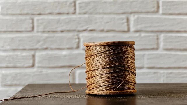 A spool of golden thread rests on a wooden surface, surrounded by a textured white wall, showcasing the artistry of craftwork and design