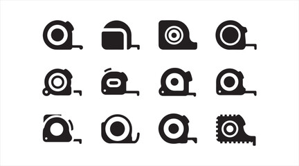Black tape measure icon collection featuring retractable and circular measurement tools
