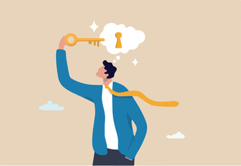 Unlock potential, discover key to solution solving problem, open mindset for new opportunity, think to develop idea, achievement or freedom concept, businessman put key to keyhole in thought bubble.