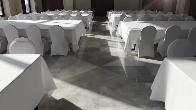 Empty Conference Hall with Tables and Chairs Set Up for an Event Indoors