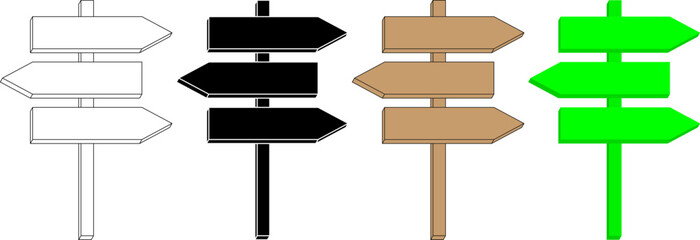 Direction signpost set in 3D: outline, black, wood, and green styles, pointing left and right
