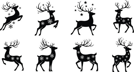Elegant Christmas reindeer silhouettes with snowflakes and stars, festive winter deer illustration set for seasonal holiday artwork