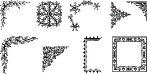 Elegant floral and ornamental vector corner designs, decorative vintage borders, snowflake patterns, baroque frame elements, intricate botanical motifs