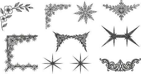 Elegant vintage floral and ornamental vector corner designs, decorative frames, starburst motifs, retro flourishes, intricate silhouette elements