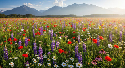 Vibrant field of wildflowers under a majestic mountain range at sunrise