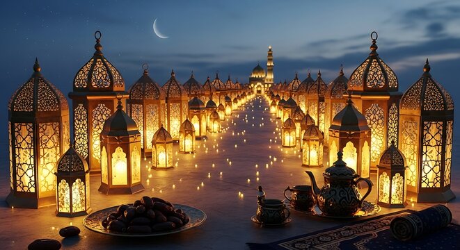 Evening scene of illuminated lanterns and islamic architecture under a crescent moon