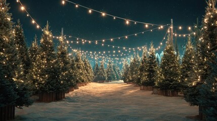 Christmas tree lot at night with rows of trees under string lights,
