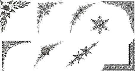 Elegantly detailed floral and ornamental corner designs, intricate decorative line art borders, vintage botanical elements for creative projects