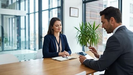 Professional man and woman in a modern office meeting, collaborating on business strategy with a digital tablet - Powered by Adobe