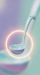 Obraz premium Stylized kitchen ladle featuring pastel striped design floats within a glowing circular frame