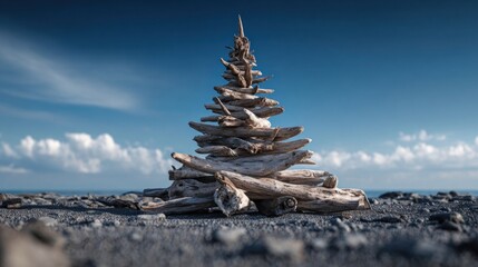 Christmas tree made from driftwood pieces arranged in coastal style,