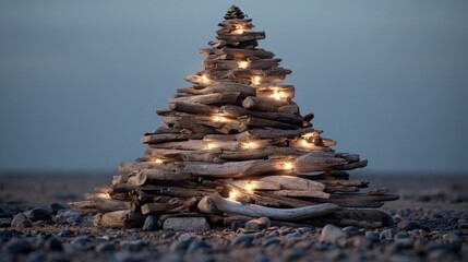 Christmas tree made from driftwood pieces arranged in coastal style,