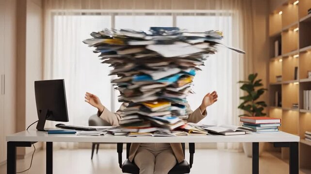 Overwhelmed businesswoman sitting at her office desk while her head explodes into a tornado of documents and paperwork, representing a concept of burnout, stress, and information overload