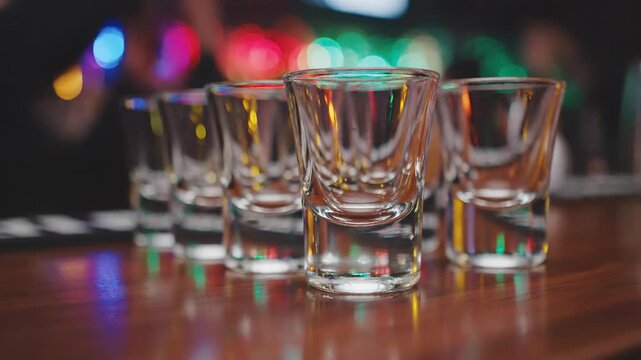 Empty shot glasses lined up on a bar with colorful bokeh lights in the background