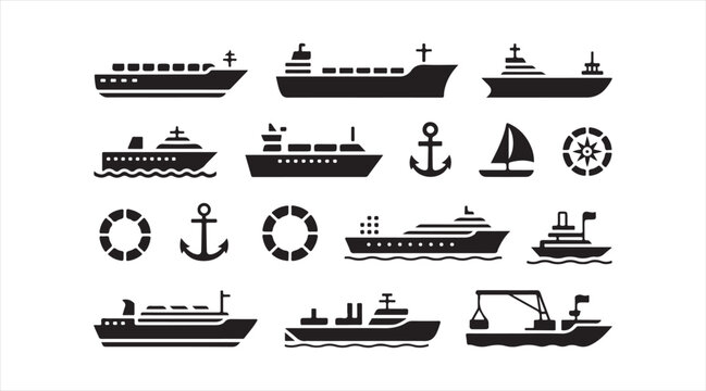 Black marine icon collection including cargo ships, sailboats, lifebuoys, and navigation symbols