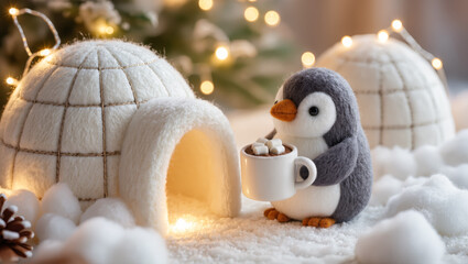 Christmas felt penguin toy holding cup of hot chocolate with marshmallows near glowing igloo in snowy scene with festive lights and cozy winter atmosphere.