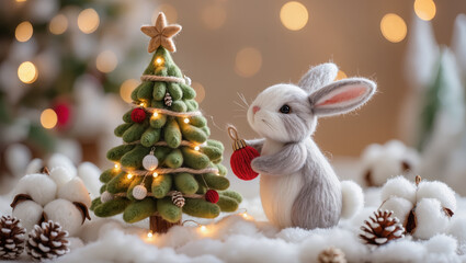 Christmas felt bunny toy decorating Christmas tree with lights and ornaments in snowy setting with warm festive atmosphere and glowing holiday background.