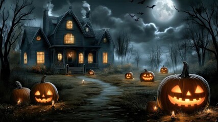Glowing pumpkins surround an eerie house at night, illuminated by a full moon and bats flying above, creating a chilling atmosphere