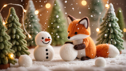 Christmas felt fox building snowman in snowy forest scene with falling snow and glowing lights. Cozy winter handmade holiday composition with cute animals.